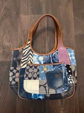 Vintage Coach RARE Patchwork Denim Tote Bag in Blue and Brown
